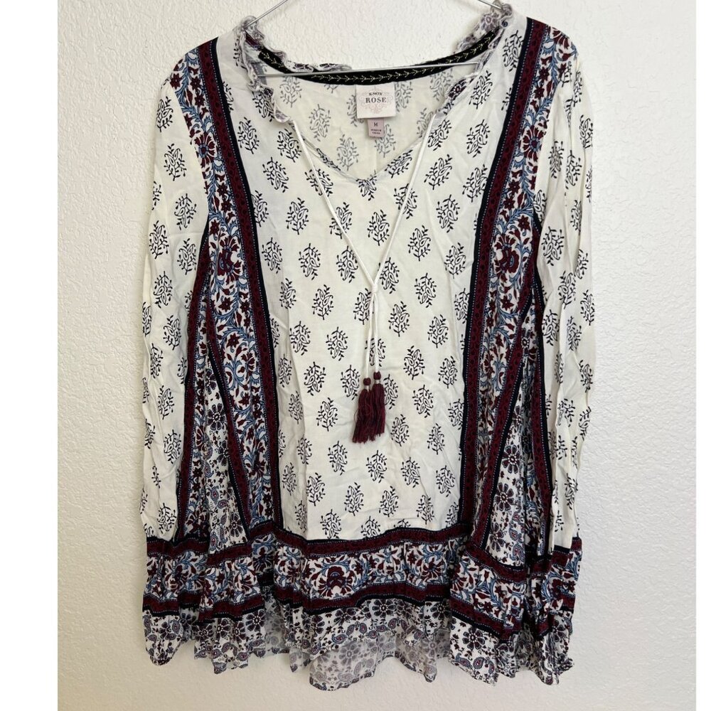 Knox Rose Boho Peasant Blouse M Tassels  Mixed Print